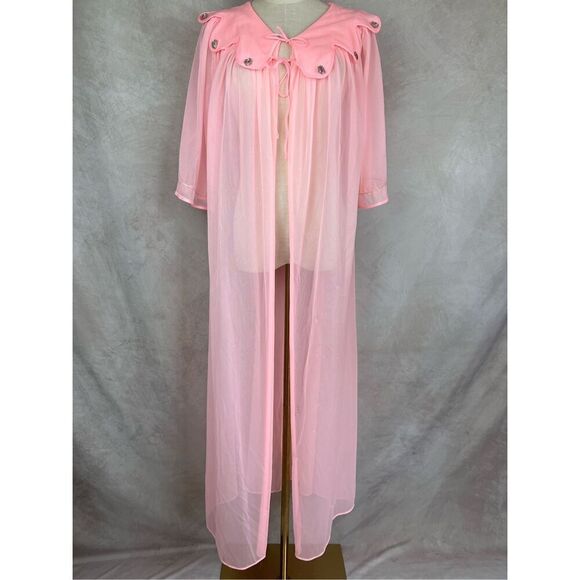 Vintage 70s pink peignoir robe with puff sleeve, 70s Ladies dressing gown robe, - Picture 1 of 6